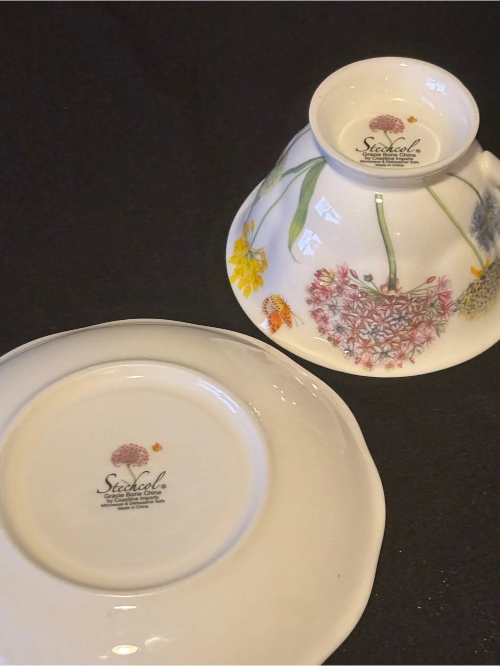 Stechol Bone China Snowball Teacup and Saucer Floral Design